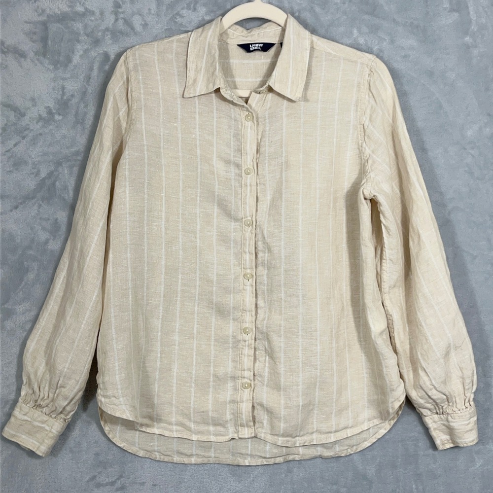 Lands End Womens Shirt S Beige Pinstripe 100% Linen Button Up Coastal Minimalist